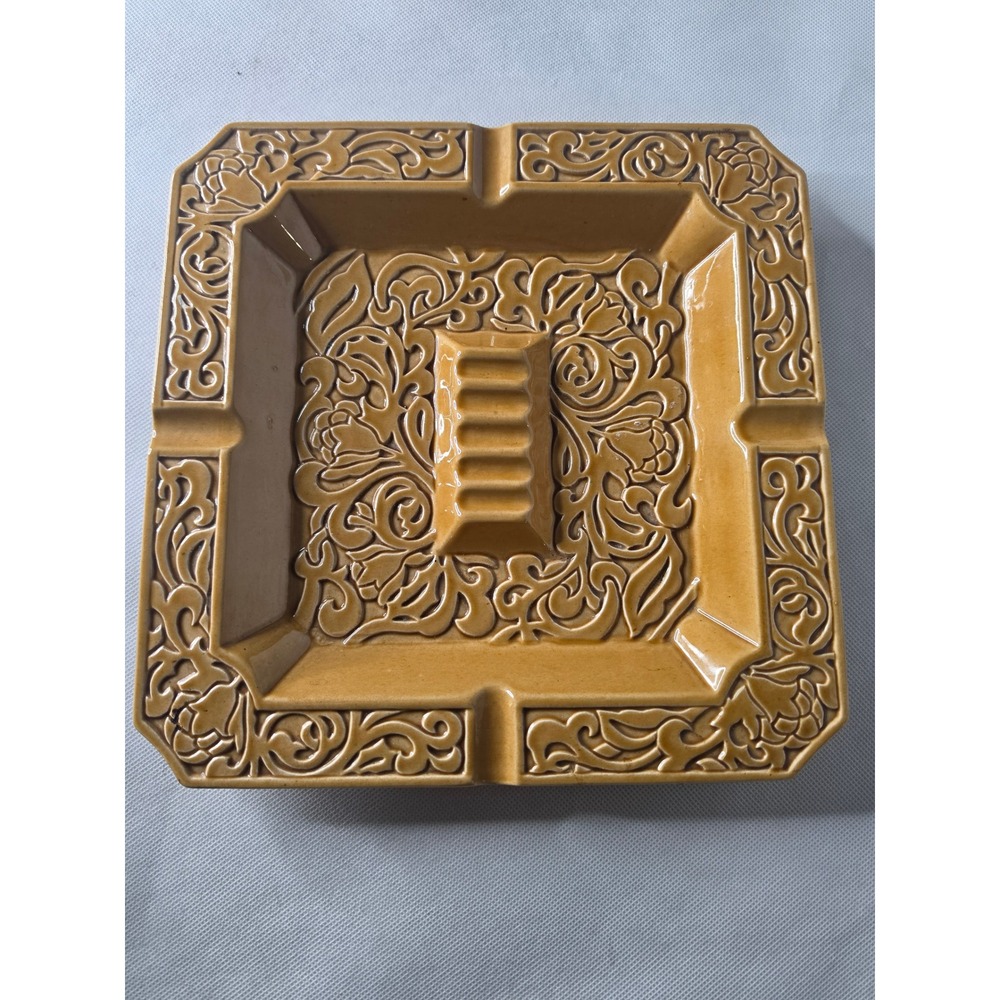 Vintage Ceramic Relief Floral Ashtray Japan Mustard Yellow Square 7.25in MCM